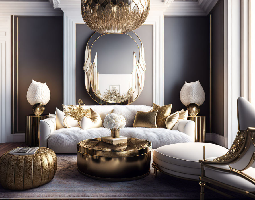 Luxurious white sofa, gold accents, ornate chairs in elegant living room