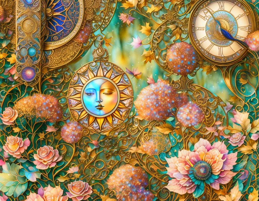 Celestial-themed artwork with clocks, flowers, and fantasy elements