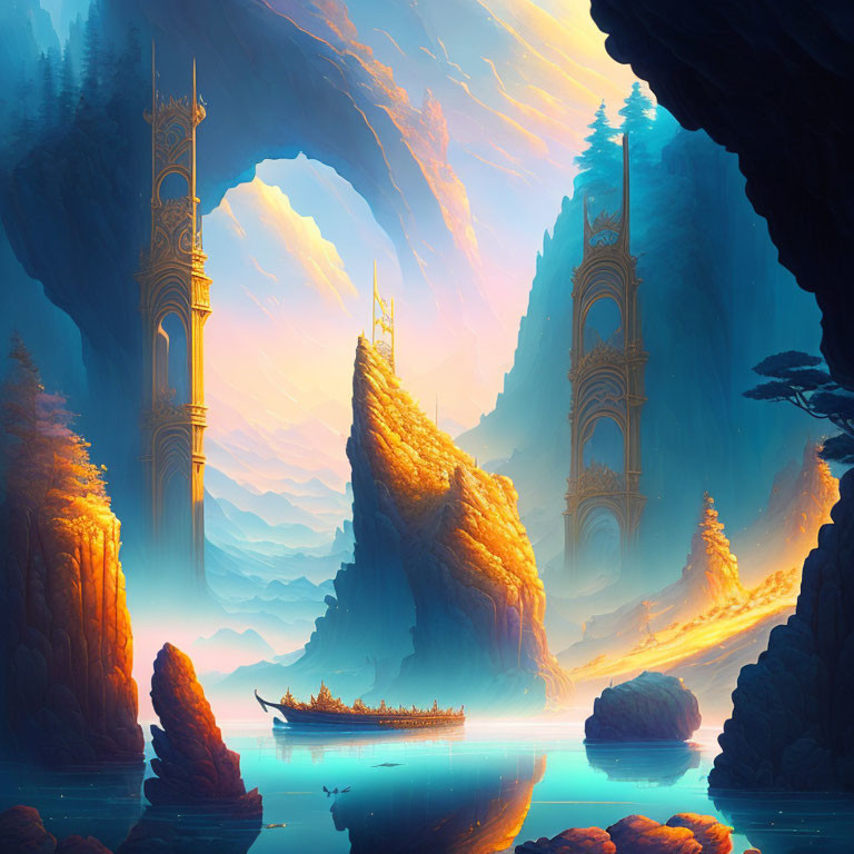 Ethereal spires and boat in golden-lit cave