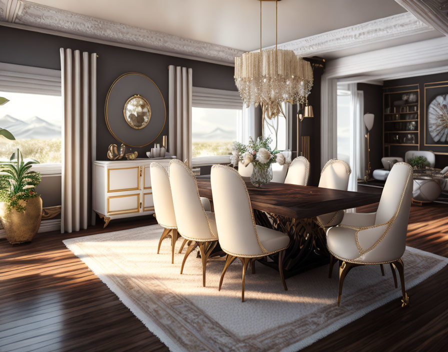 Sophisticated dining room with wooden table, white chairs, crystal chandelier, mountain view, and