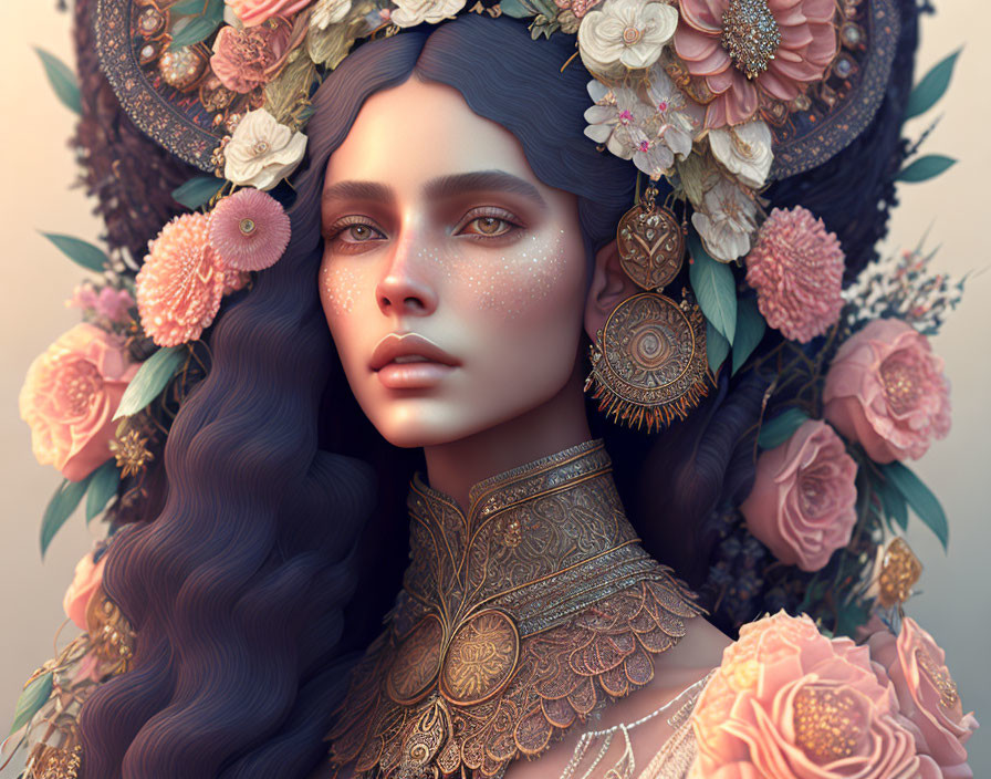 Digital Artwork: Woman with Blue Skin and Floral Headpiece surrounded by Pink Roses