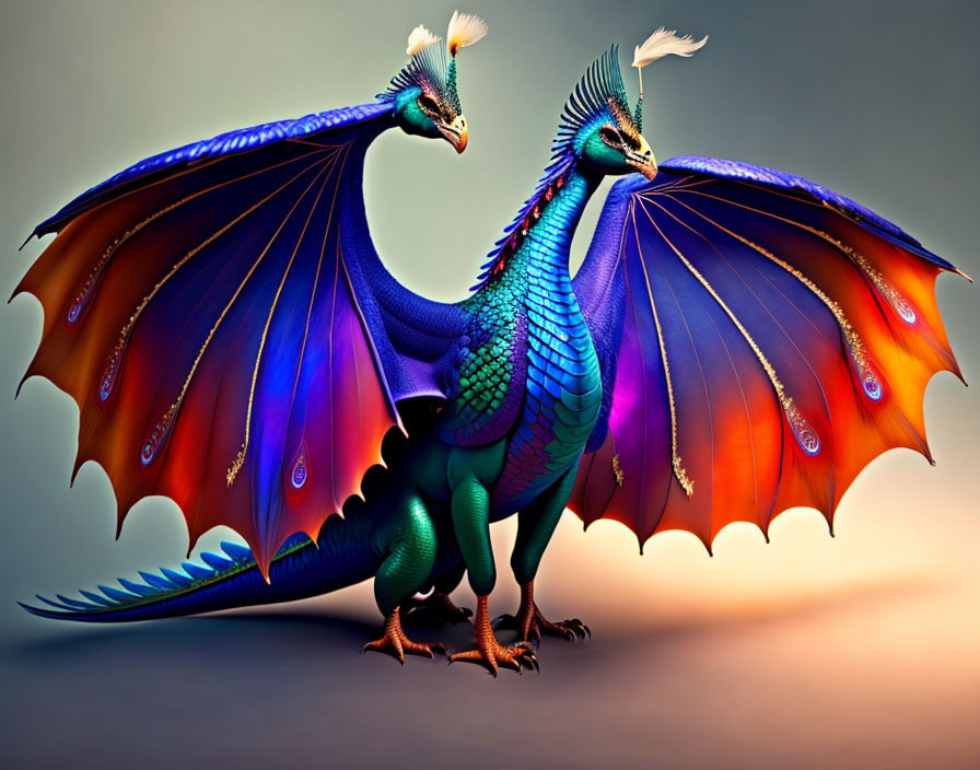 Vibrant two-headed dragon with blue and green scales and purple wings