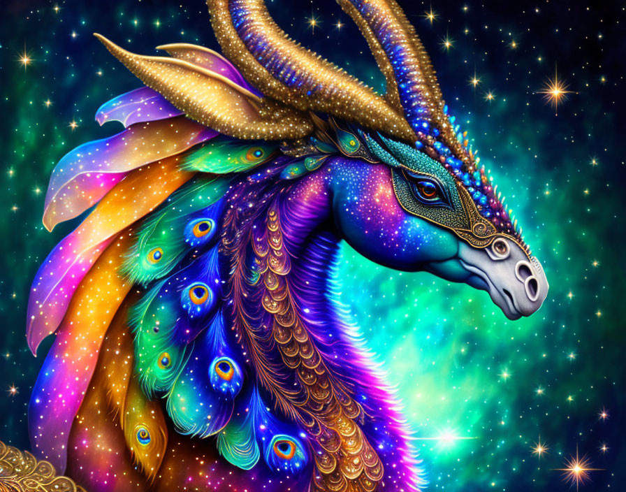 Colorful cosmic dragon with peacock feathers and shimmering scales