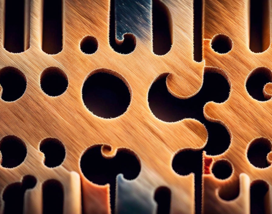 Detailed Close-up of Interlocking Wooden Puzzle Pieces