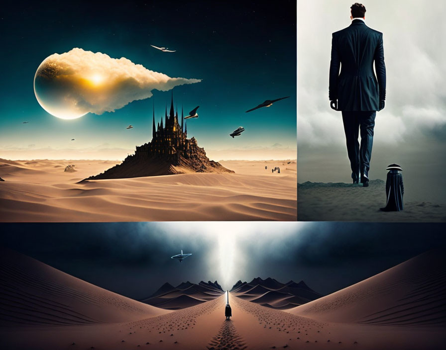 Sci-fi desert scene with castle, spaceships, man, and lone figure.