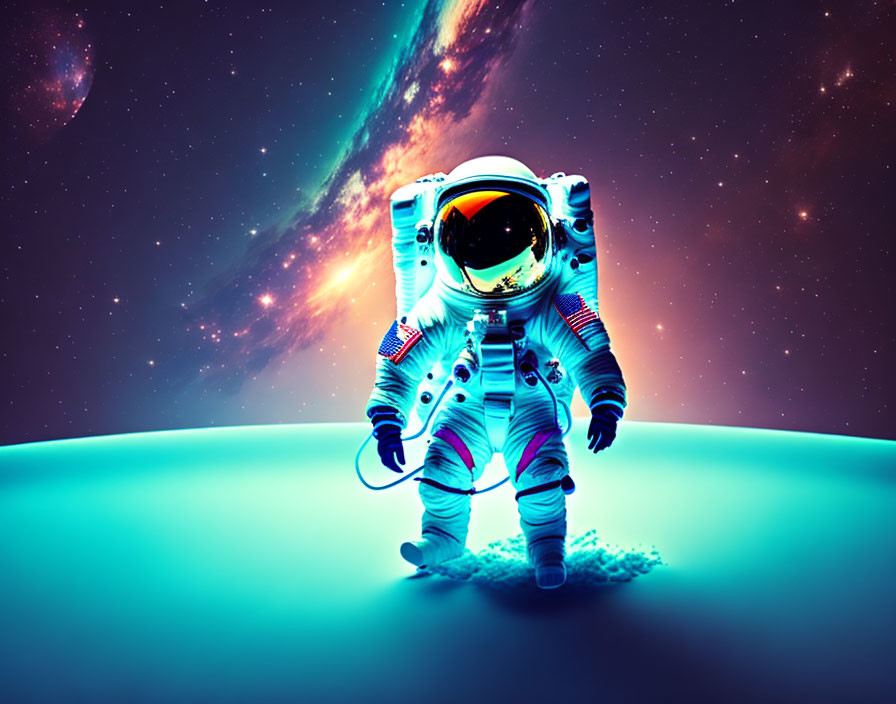 Detailed spacesuit on astronaut exploring surreal alien planet with colorful nebula.