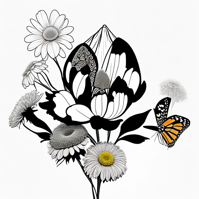 Detailed Monochrome Illustration of Flowers and Butterflies