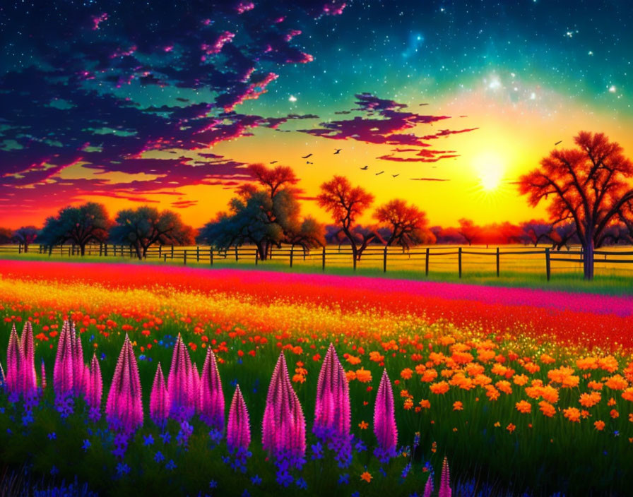 Colorful Sunset Over Flower Field with Silhouetted Trees and Starry Sky