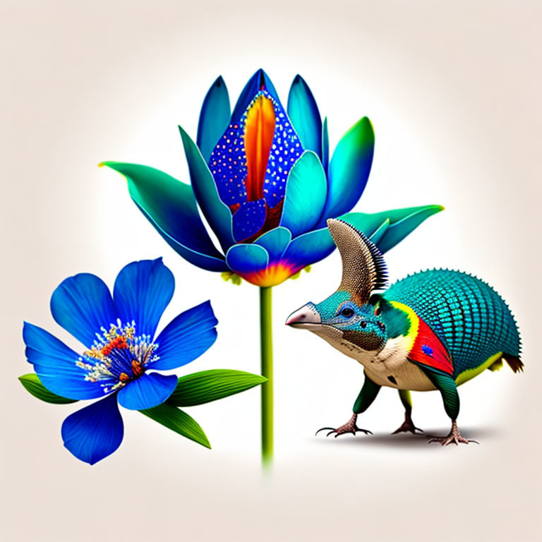 Colorful Armadillo Creature with Floral Motif Beside Blue Flower