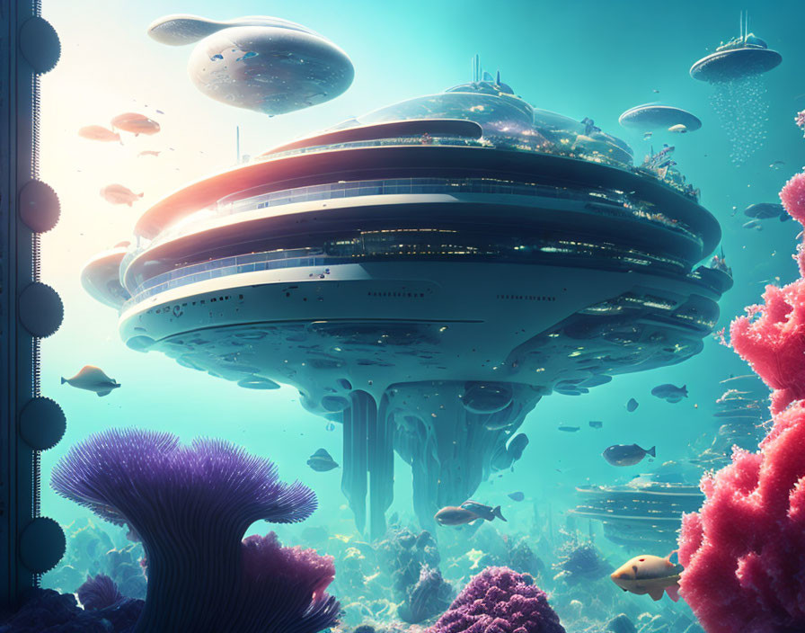 Futuristic underwater city with dome-like structures and marine life