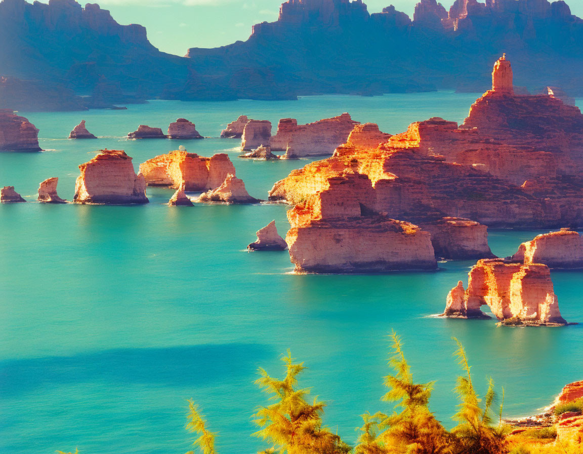 Turquoise Water and Red Rock Formations Landscape Under Blue Sky