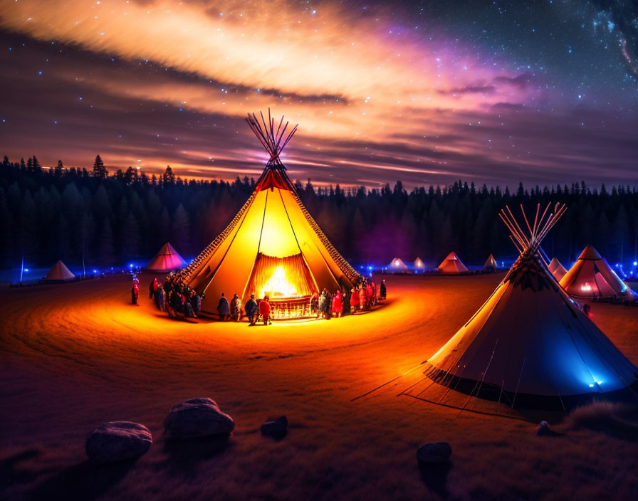 Nighttime gathering around illuminated teepees in forest setting