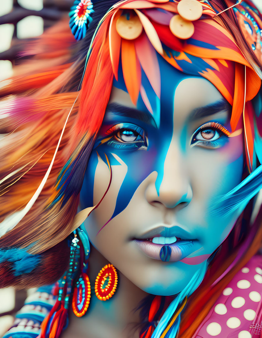 Colorful portrait of woman with blue face paint and tribal accessories