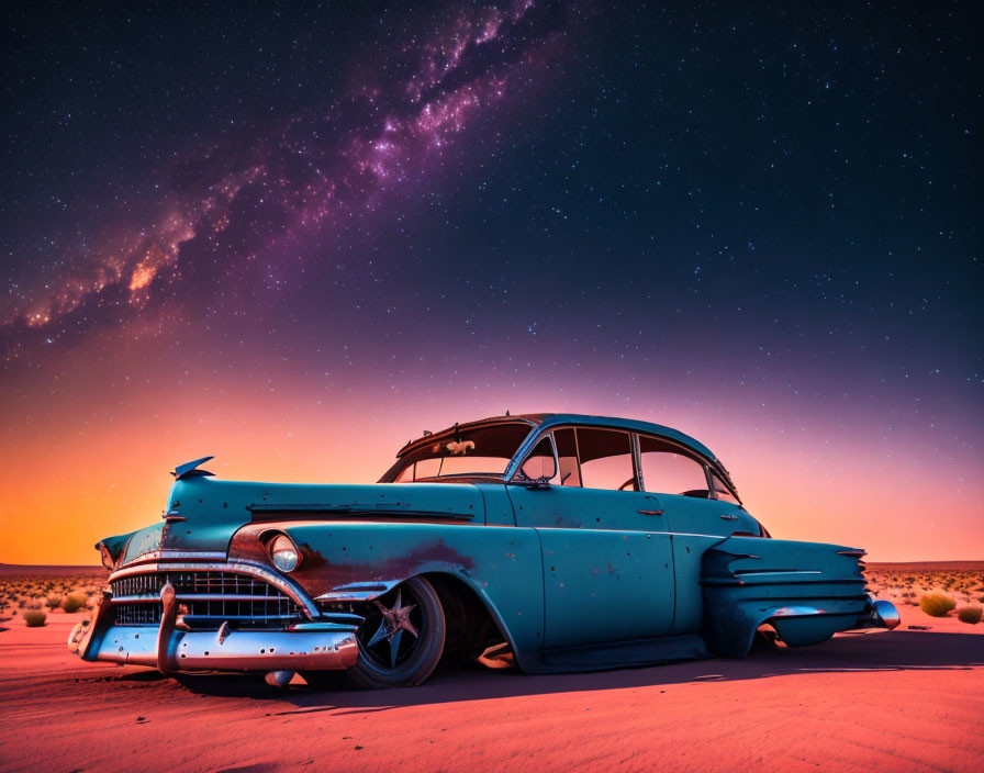 Classic Car in Desert Night Sky with Milky Way & Sunset Glow