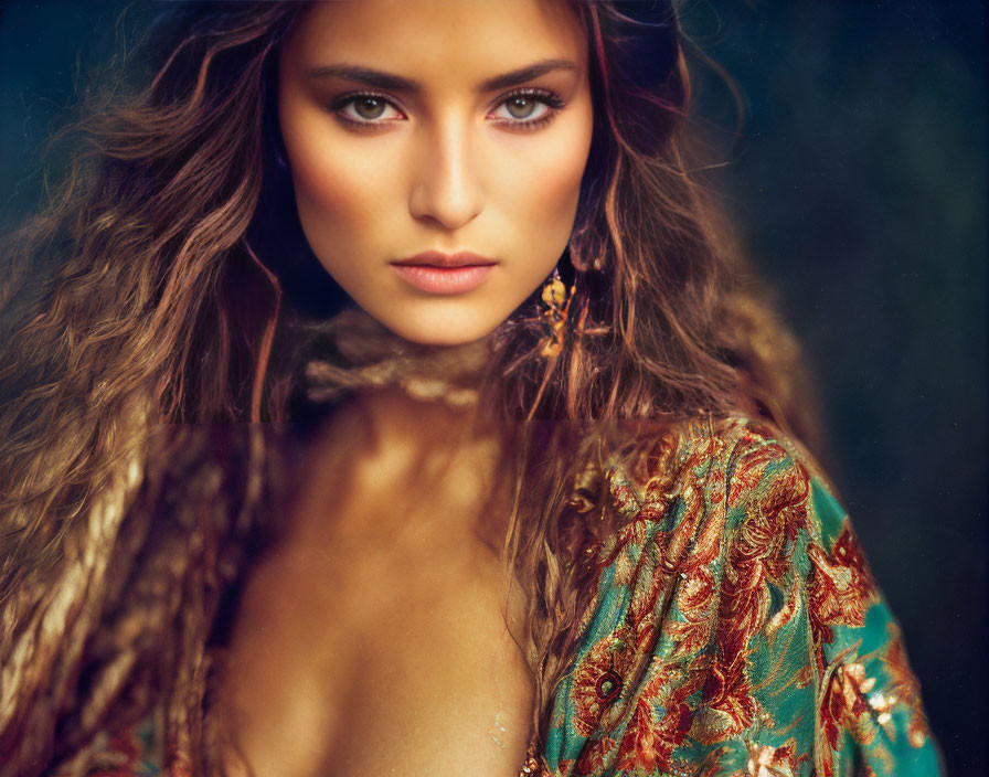 Long-haired woman in green and gold embroidered attire with intense gaze and serene expression.