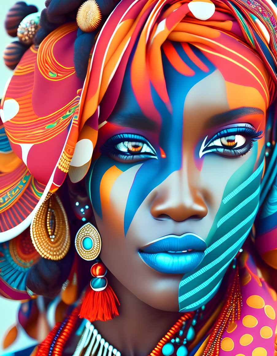 Colorful digital artwork of woman with elaborate headwear and face paint