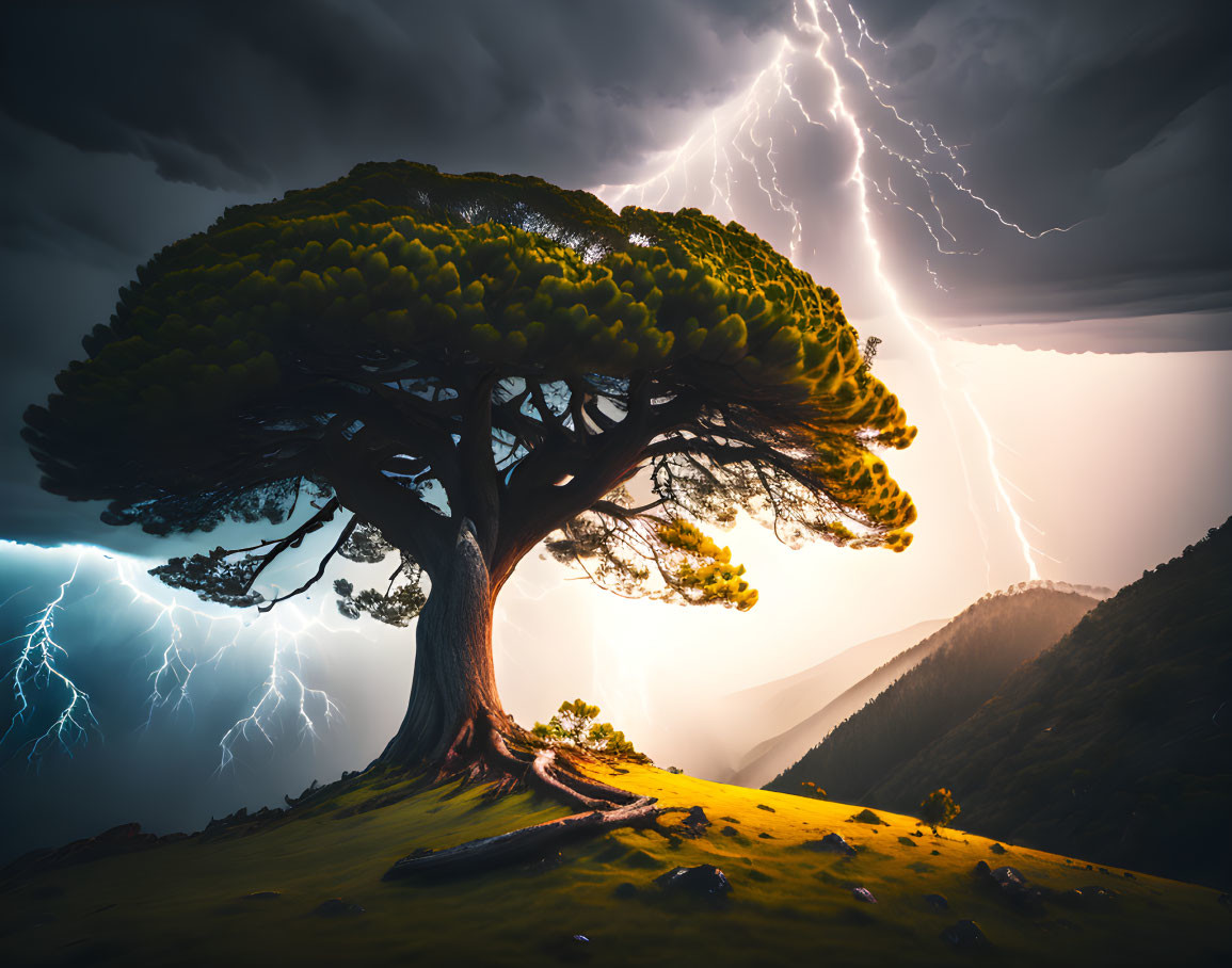 Majestic tree on hill with lightning strikes in dramatic sky