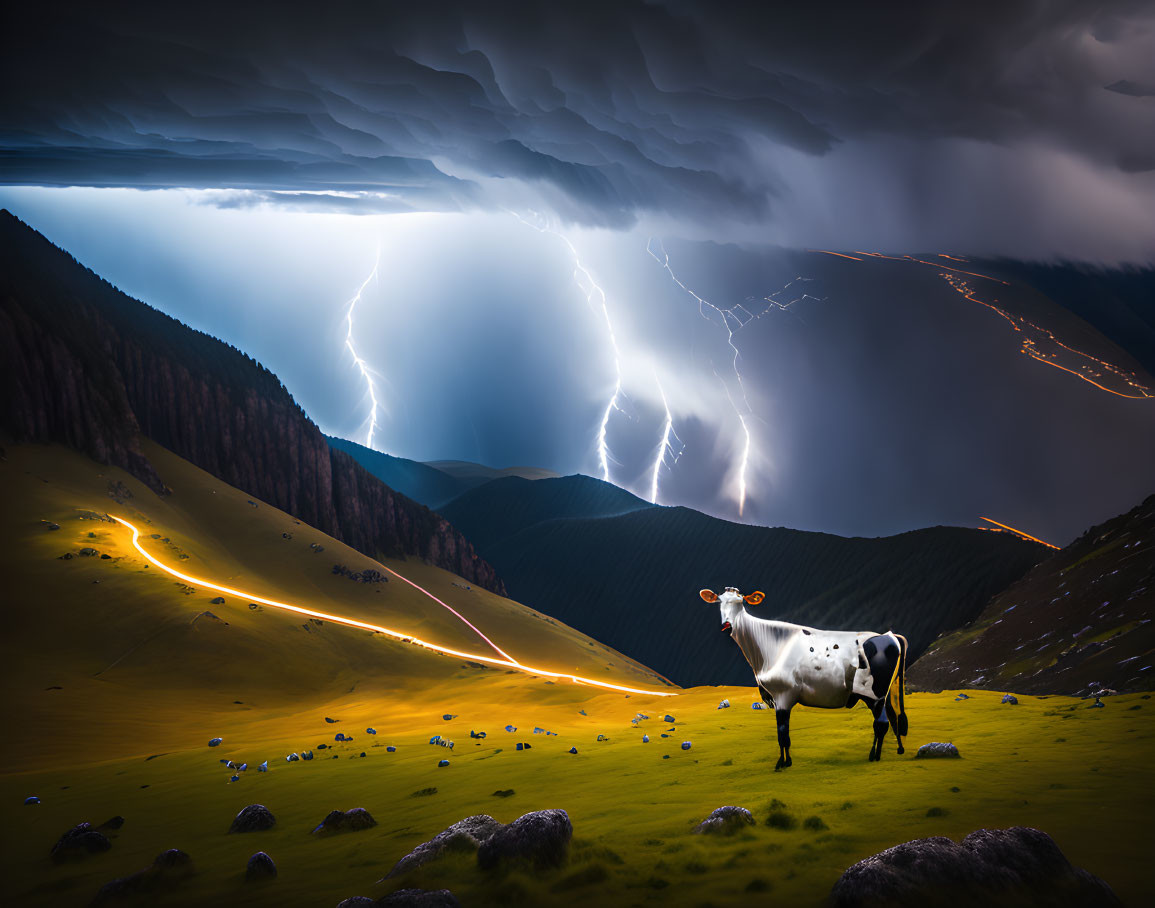 Cow on grassy hillside with lightning strikes in dramatic stormy sky