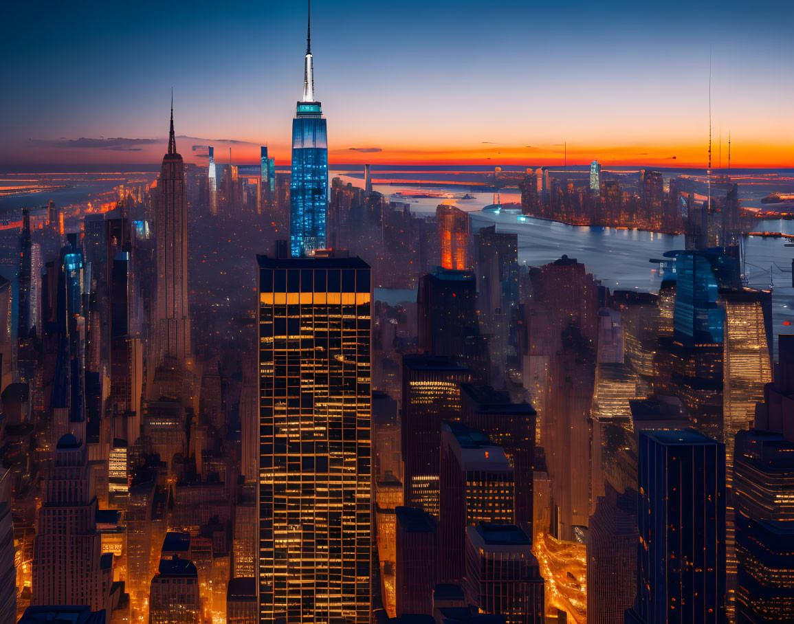 Twilight cityscape with illuminated skyscrapers and tall building at center