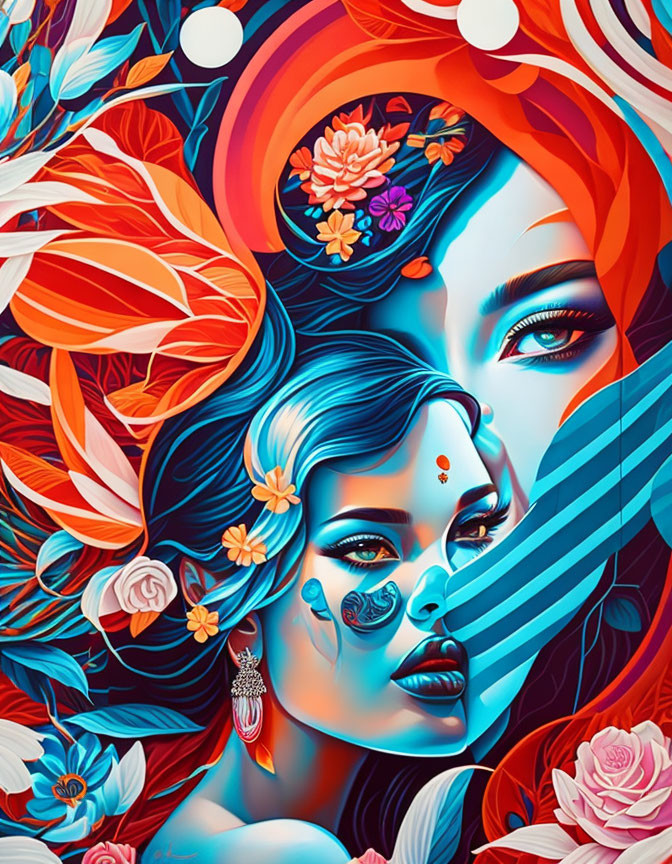 Colorful Illustration of Woman with Blue Skin and Swirling Patterns