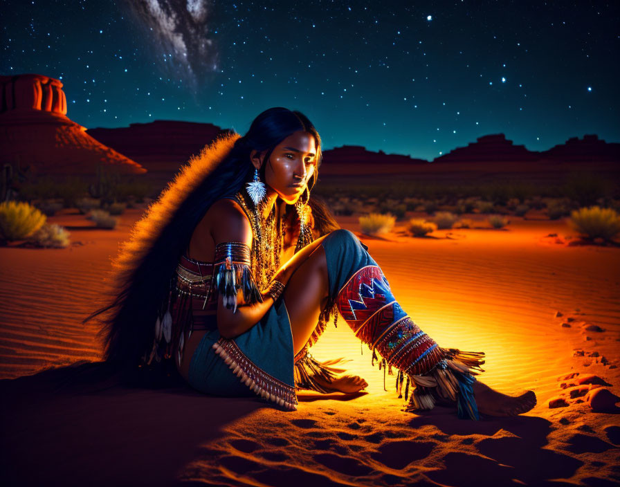 Indigenous woman in traditional attire under starry desert sky