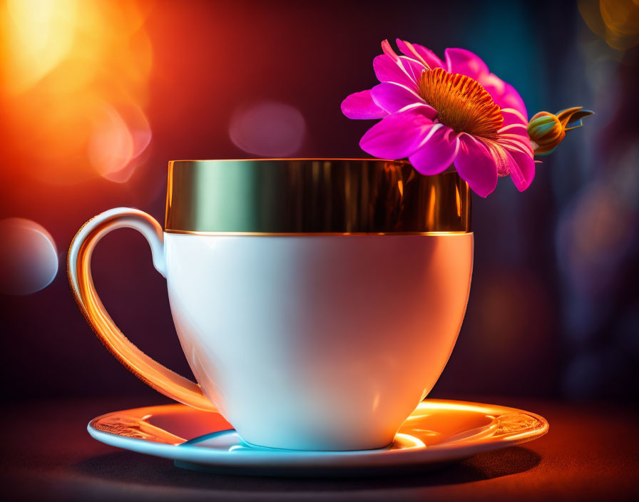 White cup with golden rim and pink flower on saucer against colorful backdrop