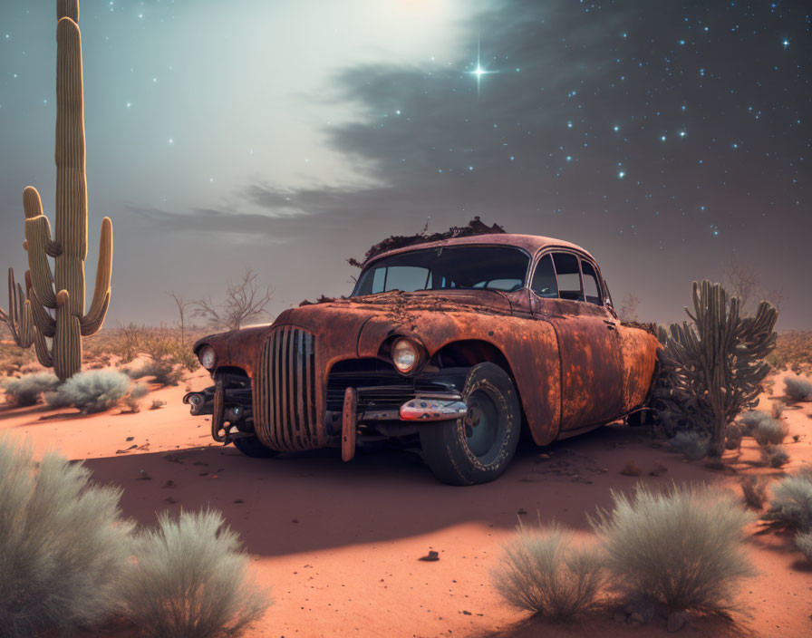 Abandoned rusty car in desert with cacti under starry sky