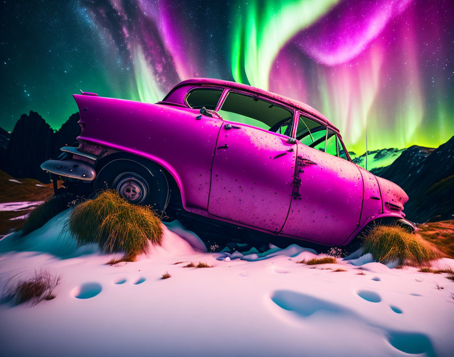 Pink Car in Snowy Landscape Under Aurora Borealis