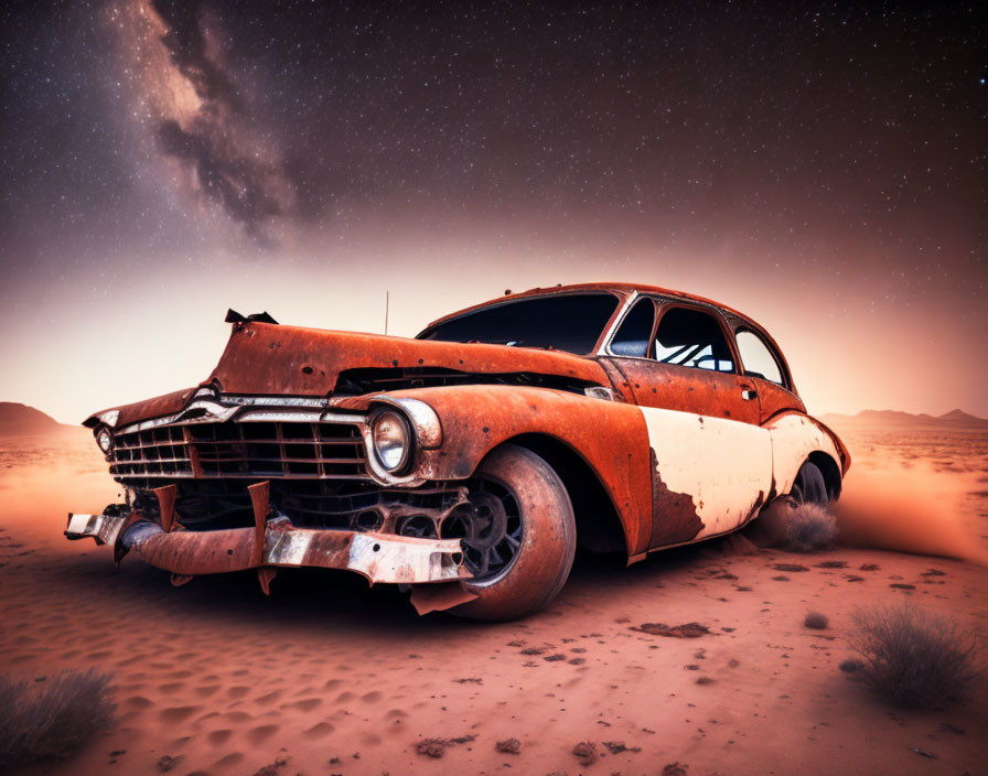 Rusty abandoned car under starry desert sky