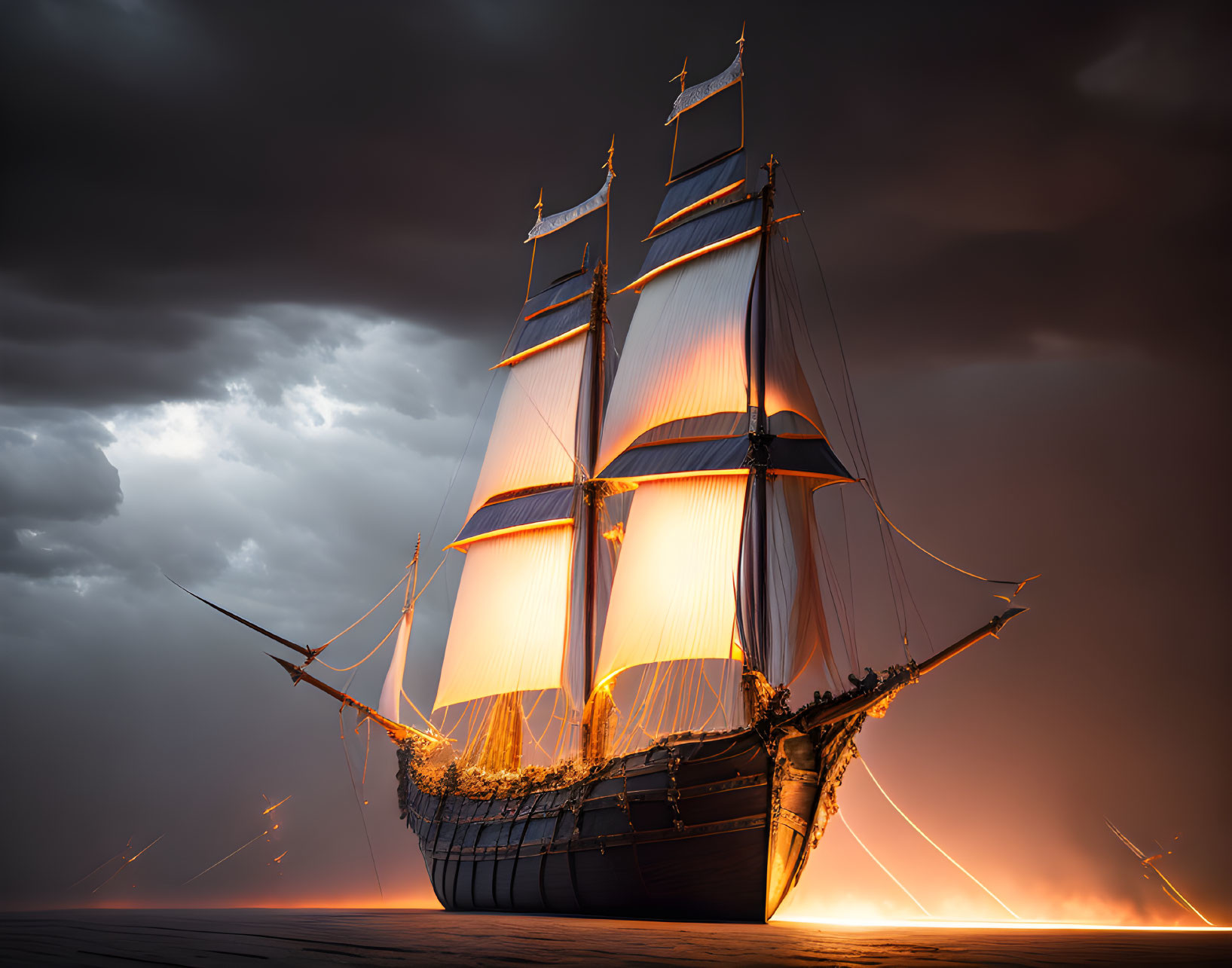 Majestic sailing ship with illuminated sails on glassy surface under stormy sky