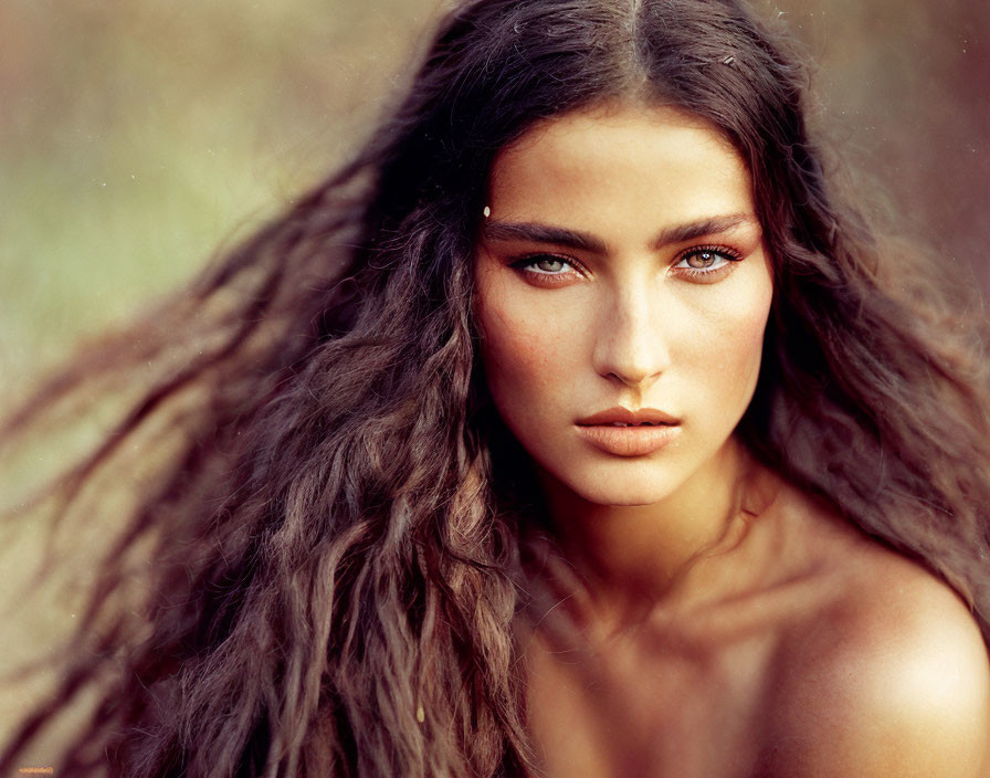 Woman with Voluminous Brown Hair and Blue Eyes in Soft-focus Portrait