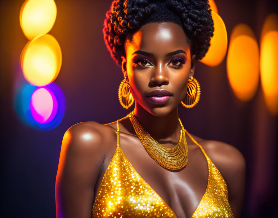 Striking makeup and gold dress on woman with bold earrings