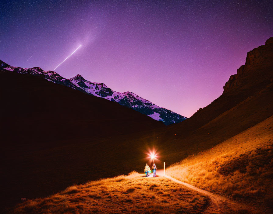 Starry sky with two people, bright light, snowy mountains, shooting star