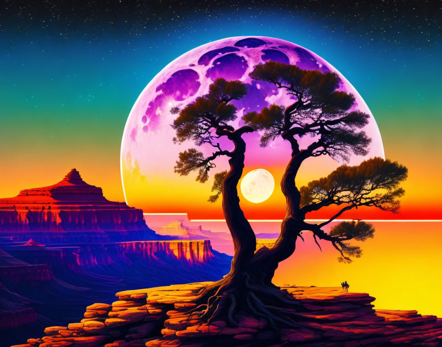 Colorful digital artwork: Canyon with rock formations, twisted tree silhouette, purple moon & starry sky