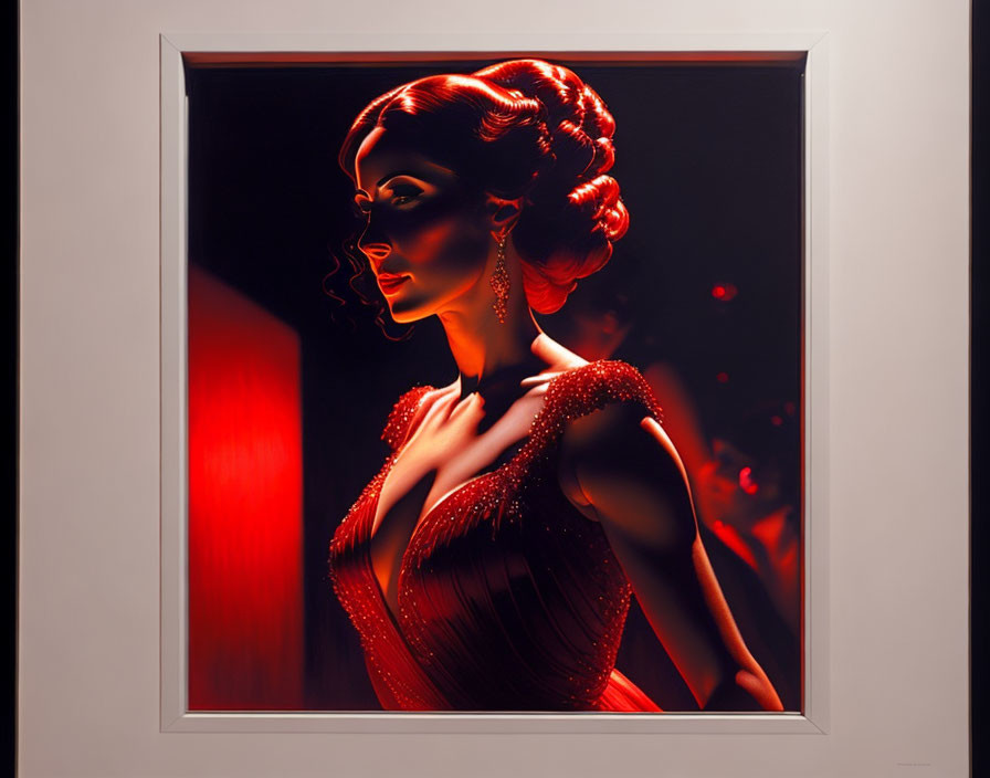 Stylized woman in red with elegant hair and dress in framed artwork