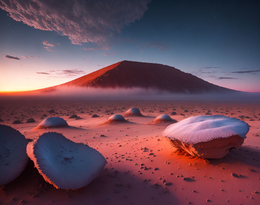 Snow-capped desert dune and mushroom formations at sunrise