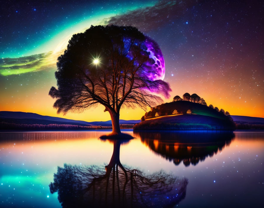 Lone tree by tranquil lake under vibrant aurora sky