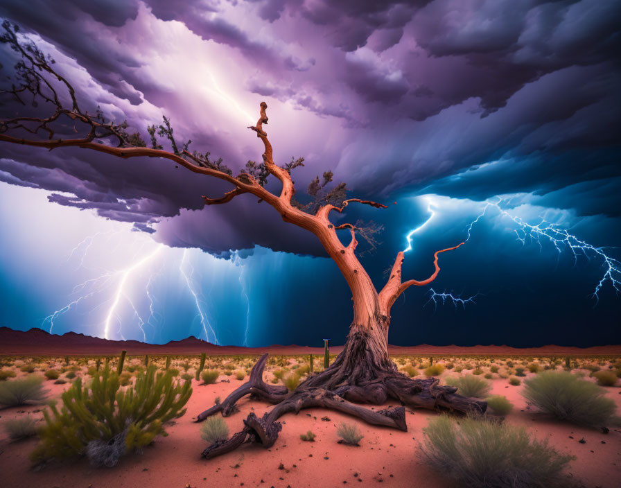 Lonely gnarled tree in dramatic desert lightning storm