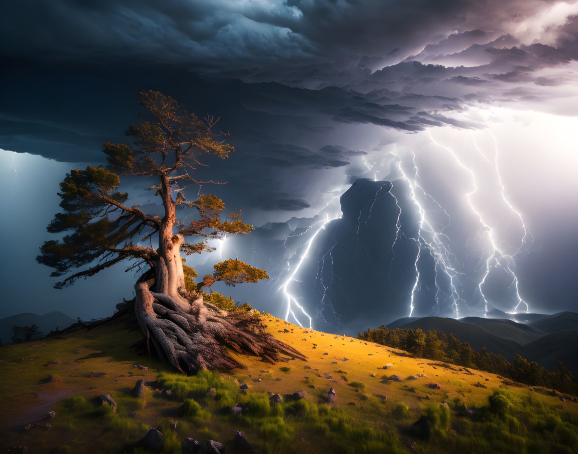 Dramatic lone tree on hill with lightning bolts and dark clouds