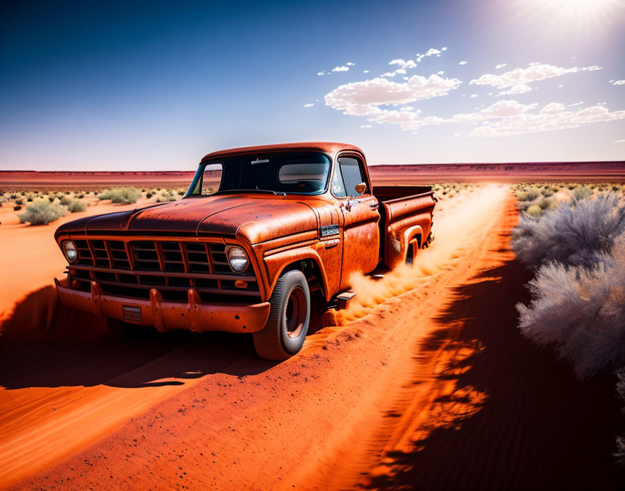 Vintage Red Pickup Truck Driving Through Barren Desert Landscape