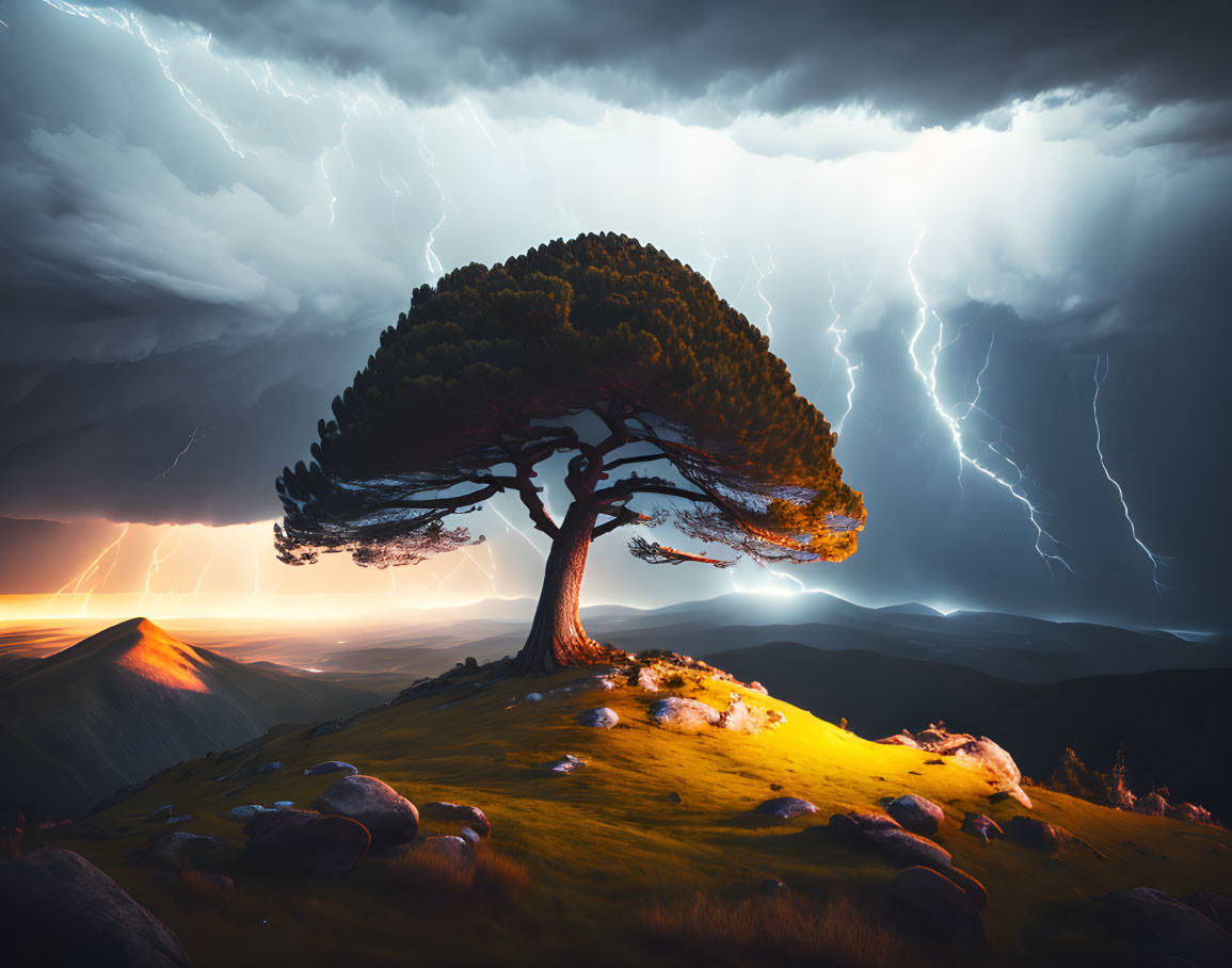 Majestic lone tree on grassy hill under dramatic stormy sky