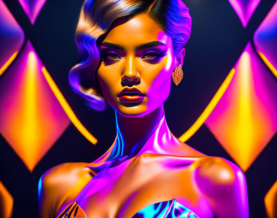 Colorful digital portrait of woman with dramatic makeup and hairstyle on neon geometric backdrop