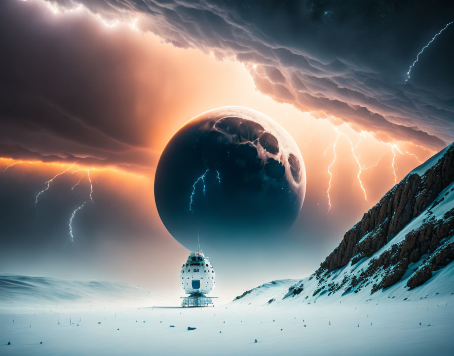 Spacecraft lands on snowy terrain with stormy sky and looming planet