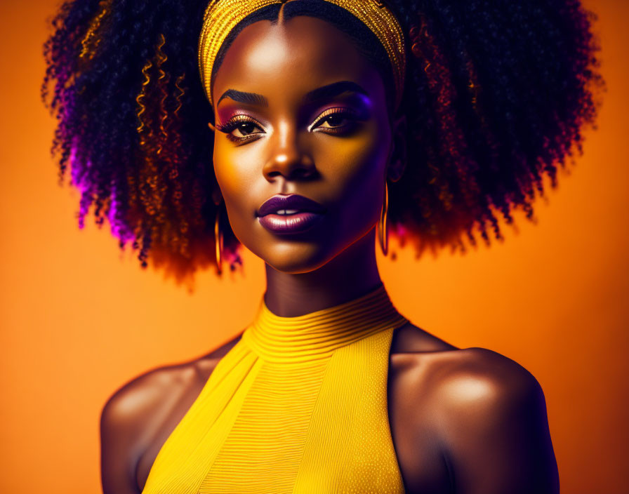 Curly-haired woman in yellow outfit against orange backdrop