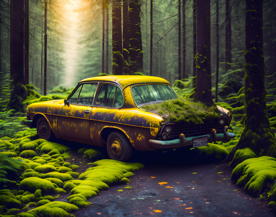 Abandoned vintage yellow car covered in moss in lush green forest