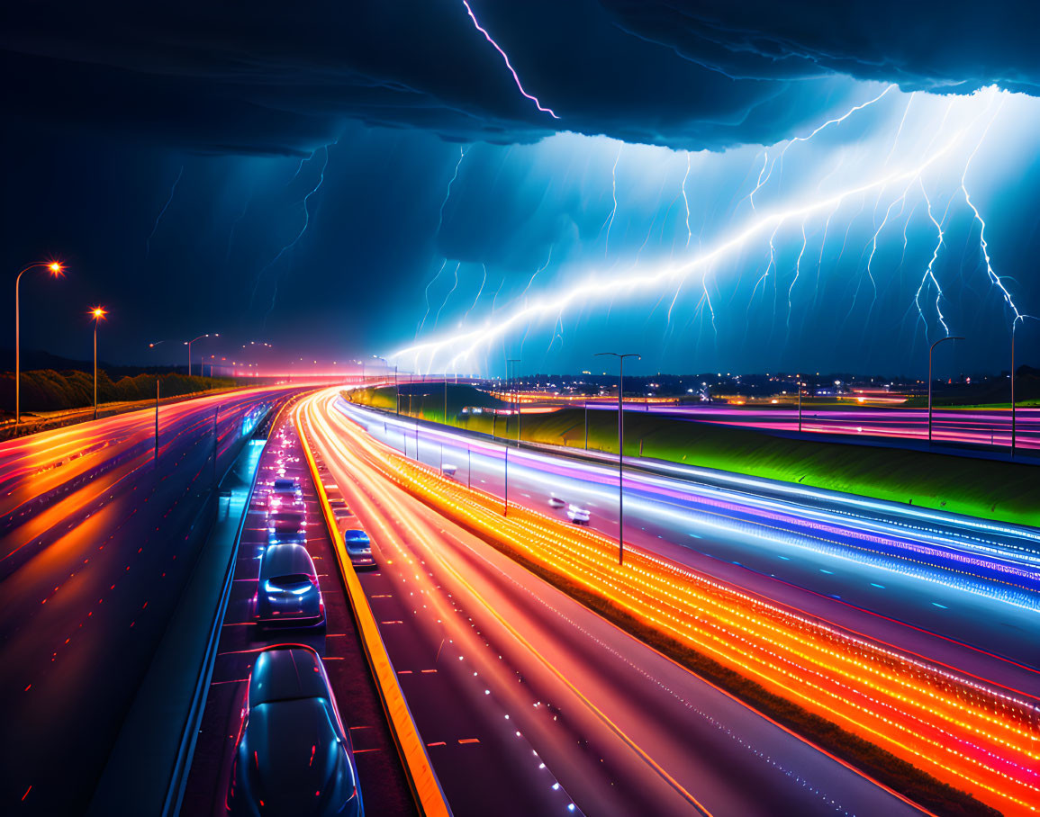 Nighttime highway traffic under stormy sky with lightning strikes