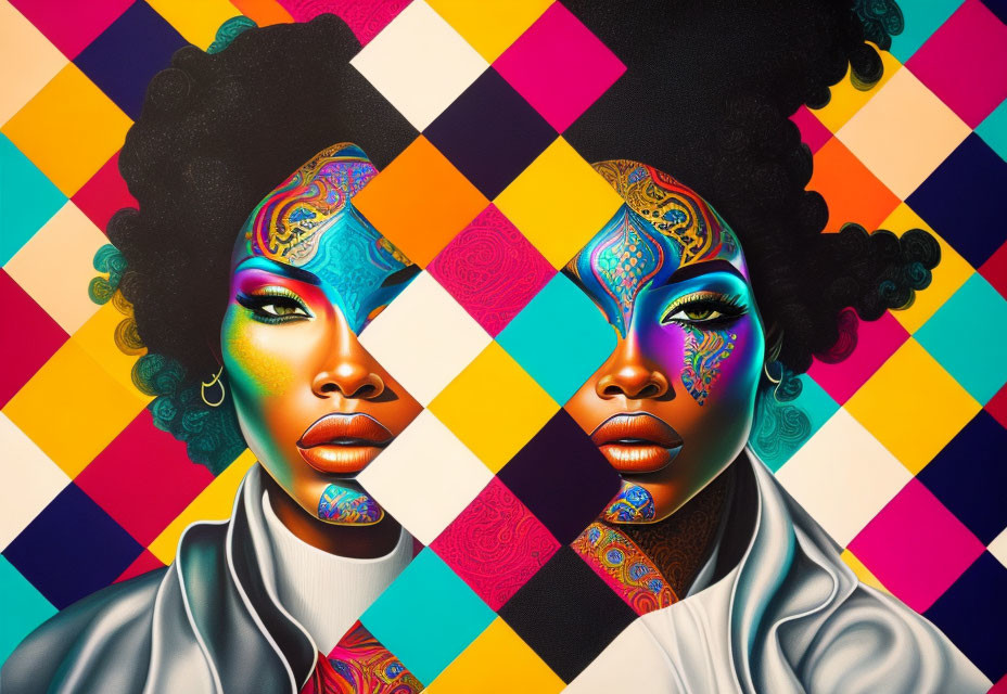 Stylized portraits of women with vibrant face paint on colorful checkered background