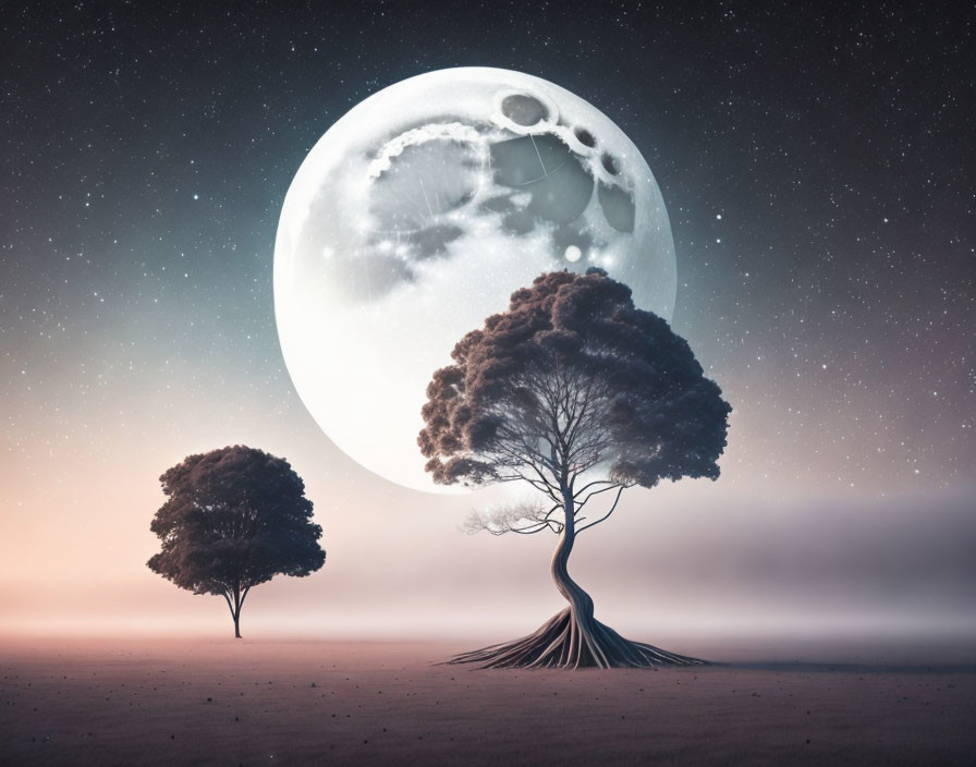 Solitary trees in misty plain with large moon and starry sky