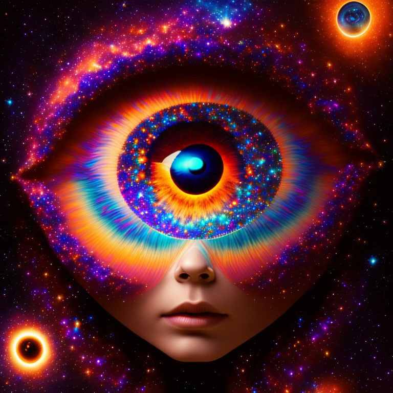 Surreal human face with cosmic eye reflecting galaxy and celestial bodies against dark space.