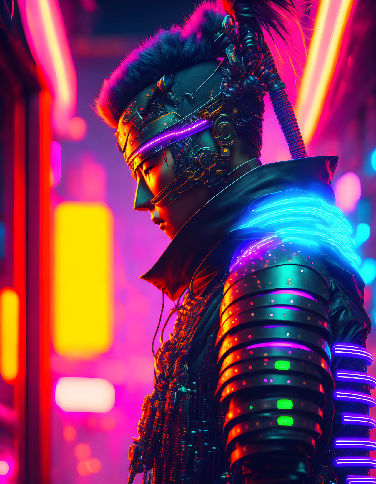 Futuristic samurai in neon-lit armor in vibrant cyberpunk cityscape